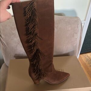 Brown Heeled Fringe Boots